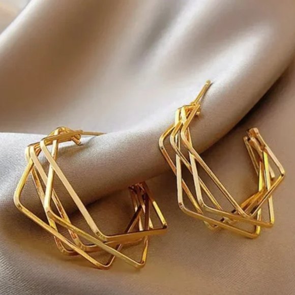 14K Gold Filled "Mia" Geometric Triple Hoop Earrings - Picture 4 of 4